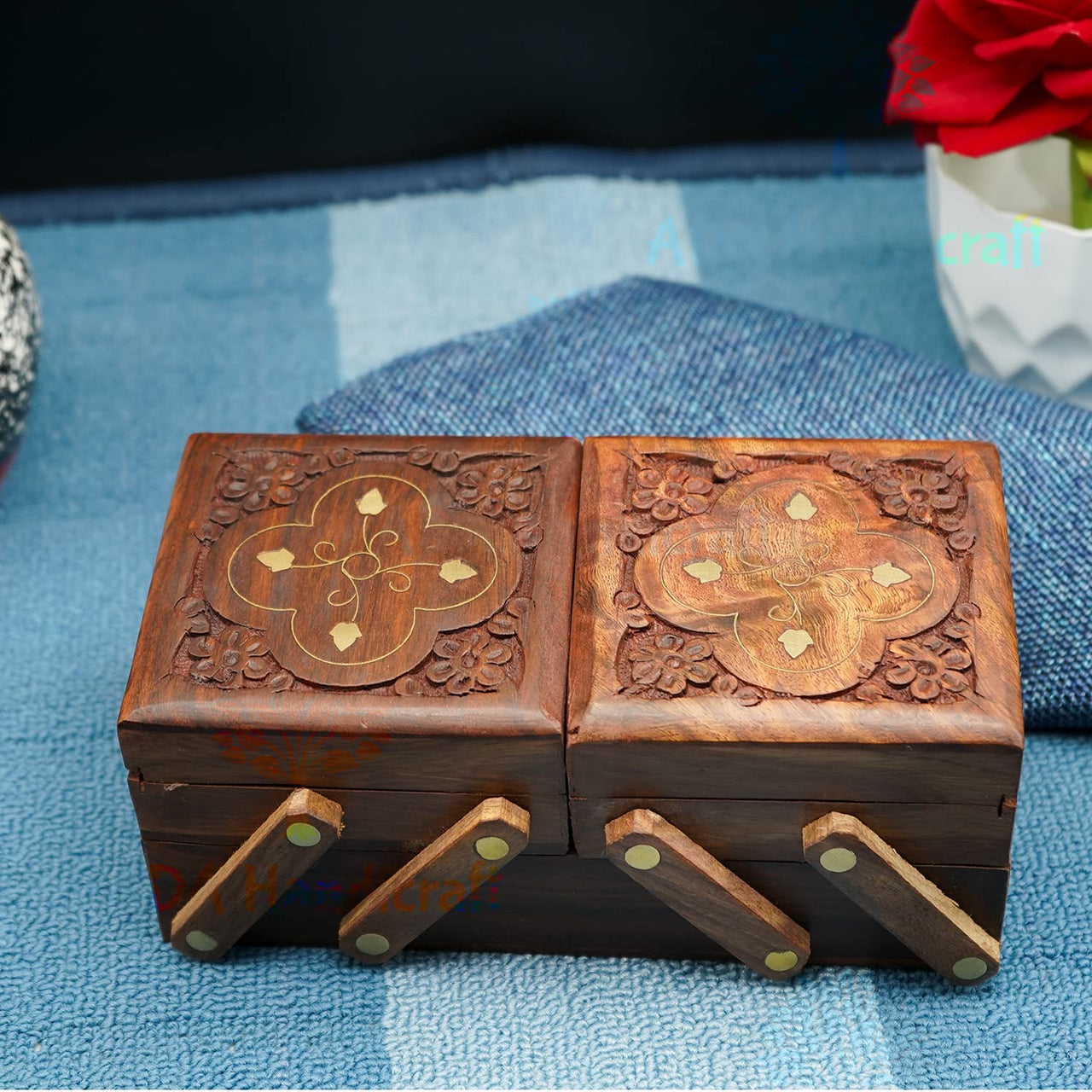 Wooden Folding Handmade Jewellery Box Jewel Boxes Storage Box Organizer Gift Box for Women Necklace Earring Set Bangles Churi Holder Dime Store