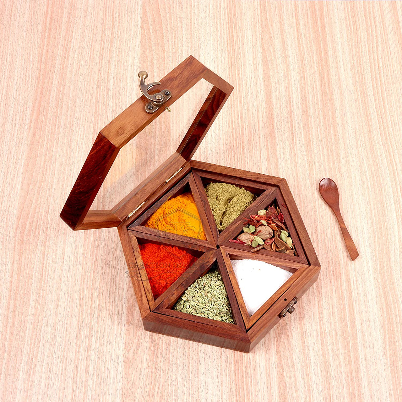 Wooden Masala Box Spice Holder for Kitchen , Multipurpose Decorative Boxes Masala Dabba Organizer Dime Store