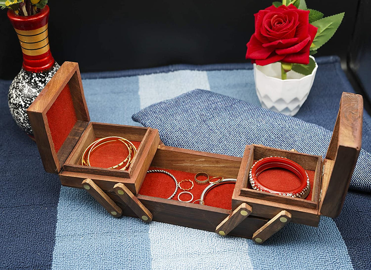 Wooden Folding Handmade Jewellery Box Jewel Boxes Storage Box Organizer Gift Box for Women Necklace Earring Set Bangles Churi Holder Dime Store