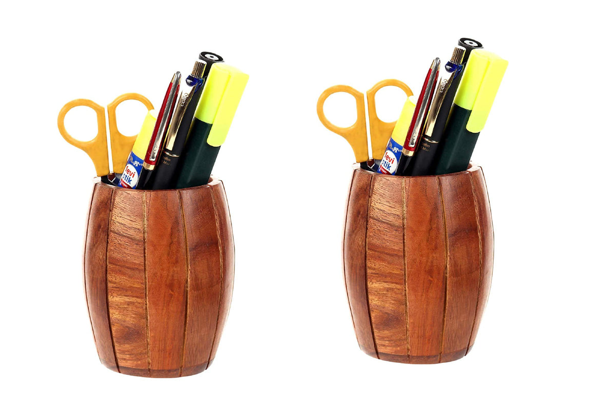 Wooden Handmade Barrell Shaped Pen Stand, Pencil Holder Desk Accessories Multiple Use Desktop Storage Organizer Dime Store
